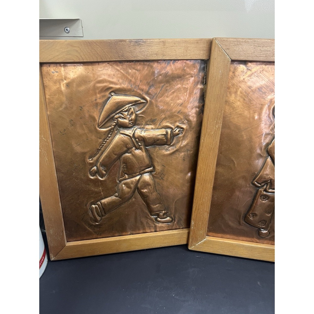 Vintage SET 11.75" X 8.25" Copper Raised Chinese Girl Boy Picture (774) - Picture 3 of 9